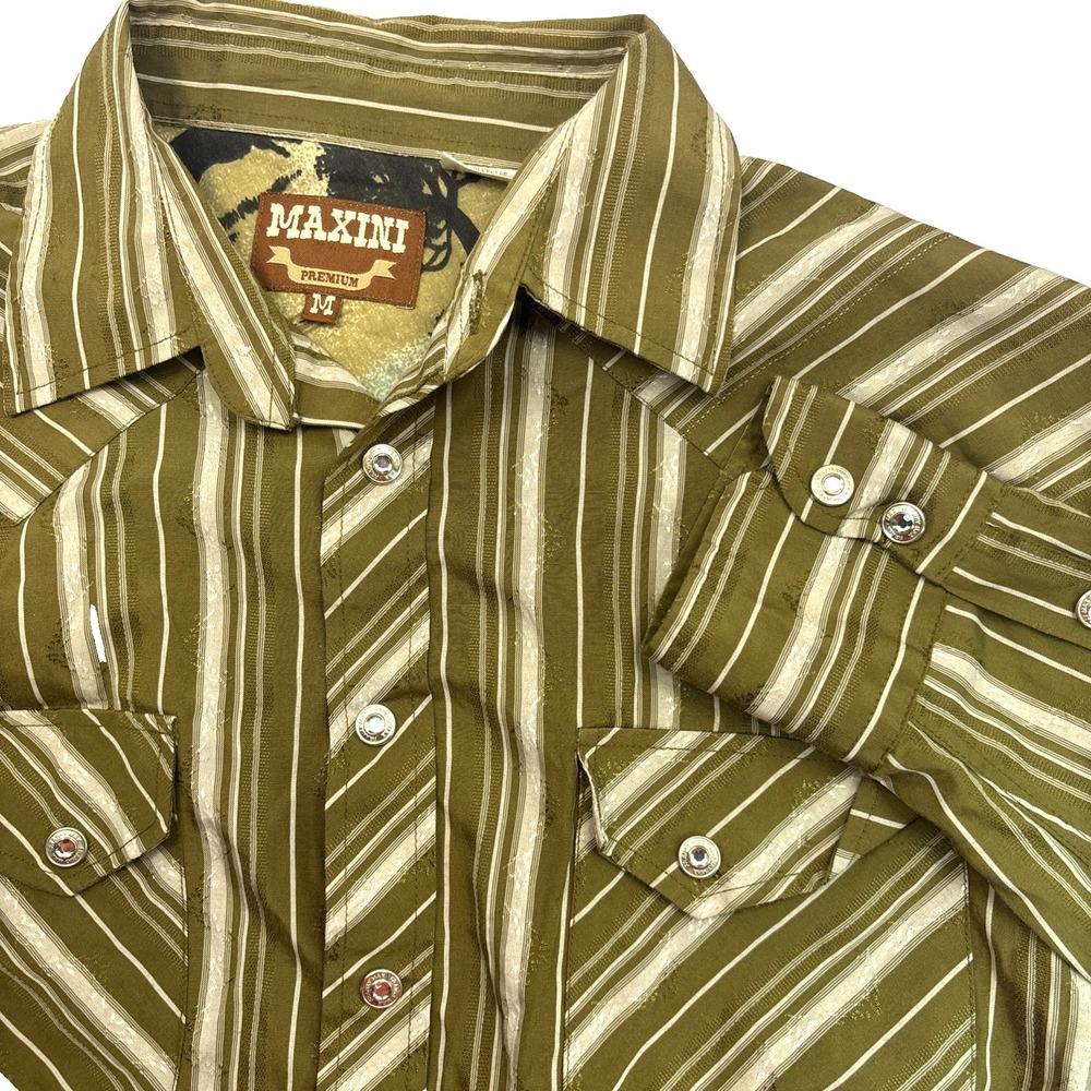 Maxini Premium Men's  Size Medium Western Long Sleeve Diamond Pearl Snap‎ Brown
